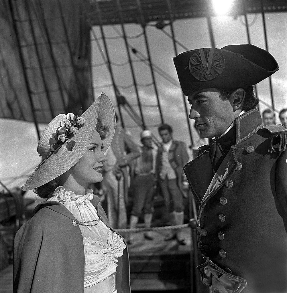 #62 Virginia Mayo with Gregory Peck during the making of the film “Captain Horatio Hornblower”, 1950.