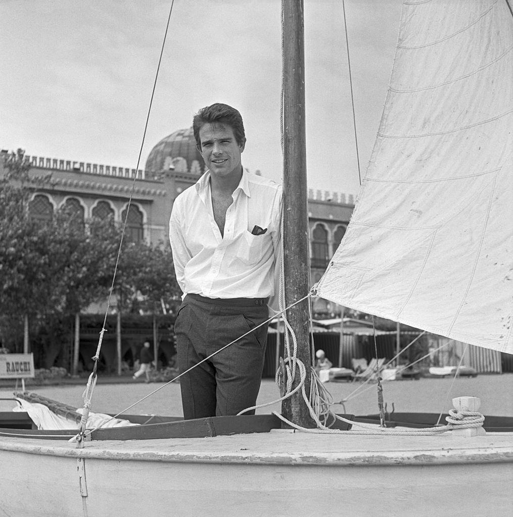#9 Beatty portrayed while standing on a sail boat on the Lido beach, 1956.