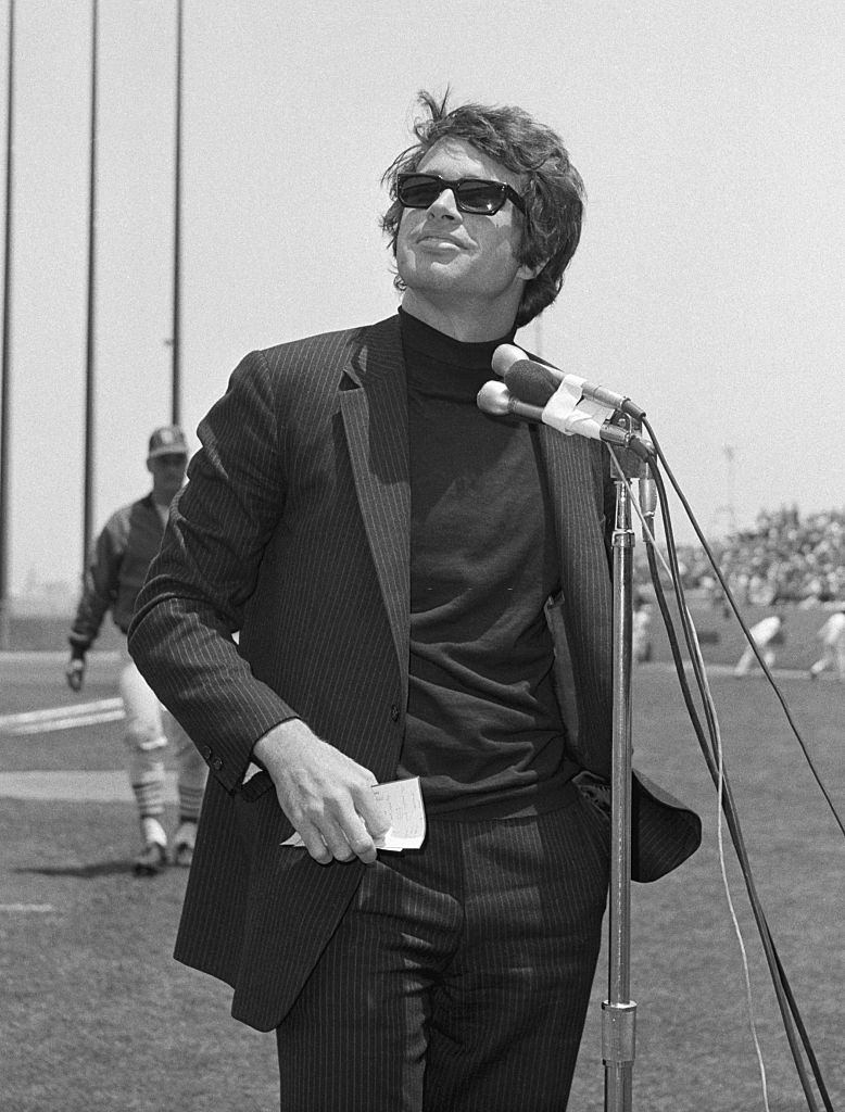 Warren Beatty speaking in favor of gun control at San Francisco’s Candlestick Park, at the invitation of the mayor, 1968.