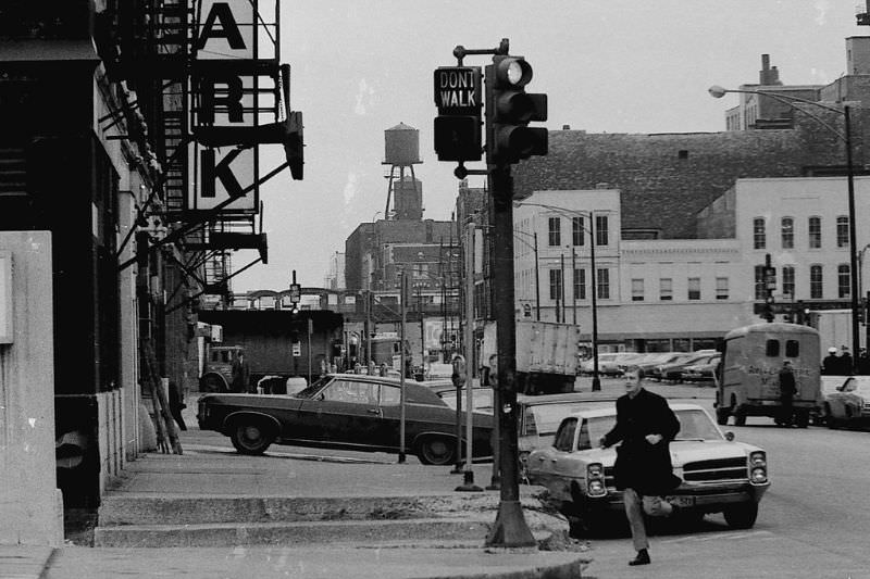 #29 Kinzie Street looking west from State Street, Chicago, 1970