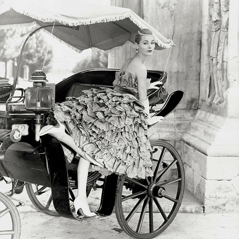 #33 Model in full-skirted flounced petal-dress by Capucci, photo by Regina Relang, 1955