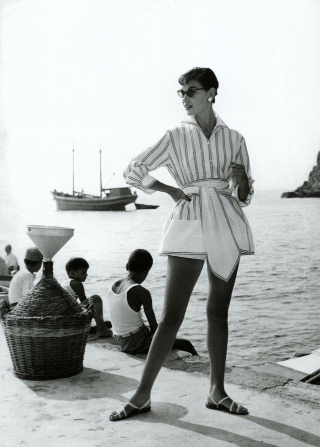#37 Joan Whelan in beachwear by Bessie Becker, photo by Regina Relang, Ischia, Italy, 1956