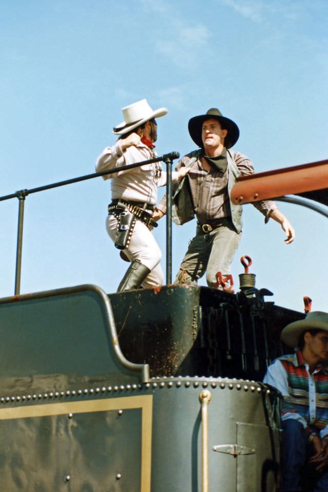 #29 The Lone Ranger fights a train robber atop the Tarantula Railroad locomotive’s tender, Chisholm Trail Roundup, Fort Worth Stockyards, June 1995