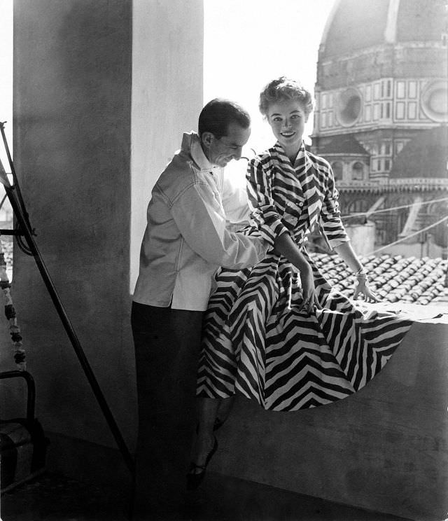 #1 Emilio Pucci with model Joan Olson wearing his zebra-striped dress, Florence, 1952