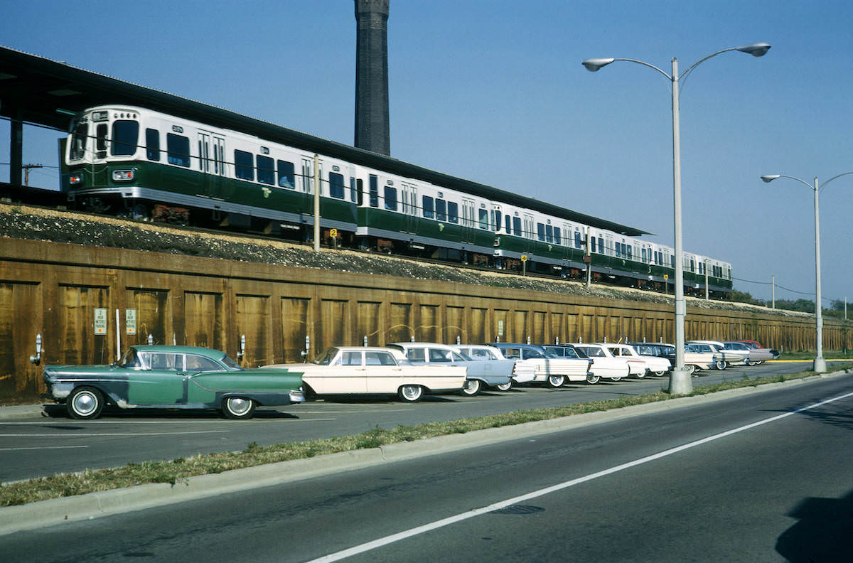 #12 CTA station and parking lot, Ridgeland Ave., Lake Street line, Oak Park, Ill. 1964