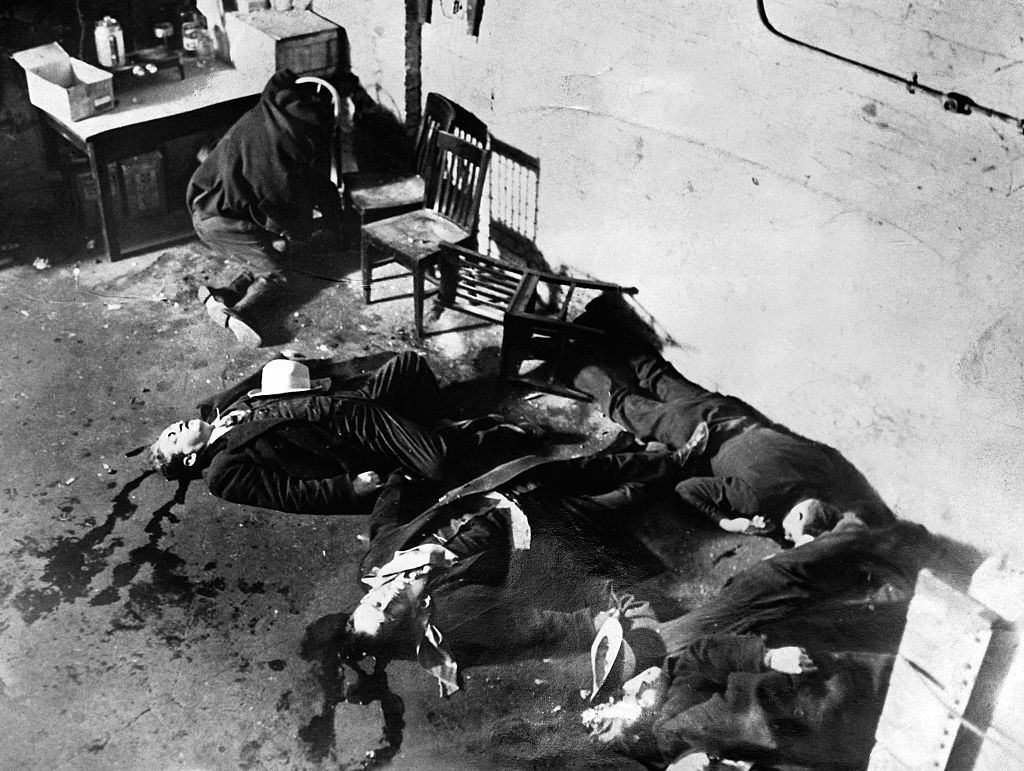 The aftermath of the Valentine’s Day Massacre of February 14, 1929.