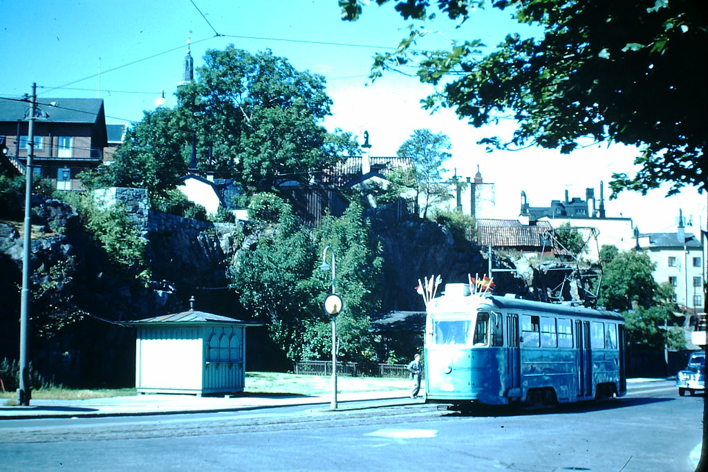 #42 Street Car w Flags from Lingiad in Stockholm, Sweden, 1949.