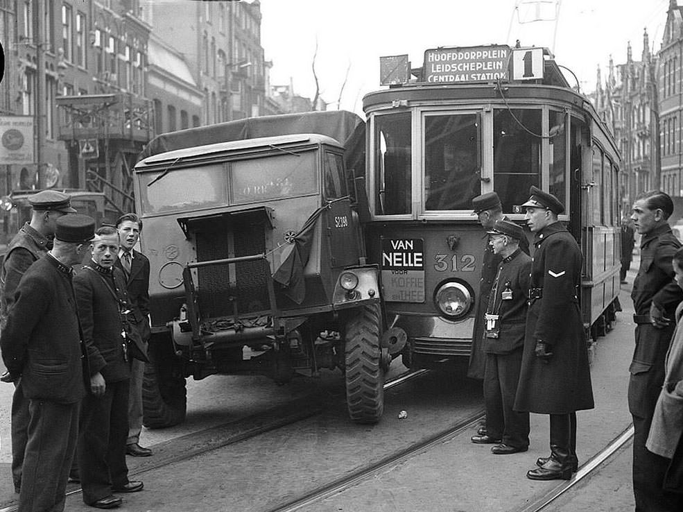 #6 Collision between tram 1 and a British-made truck (Fordson), Overtoom corner Nassaukade, Amsterdam, April 1946.