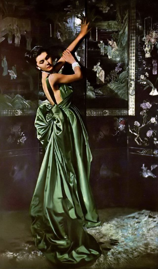 #2 Alla in gorgeous green satin evening gown by Christian Dior, 1947