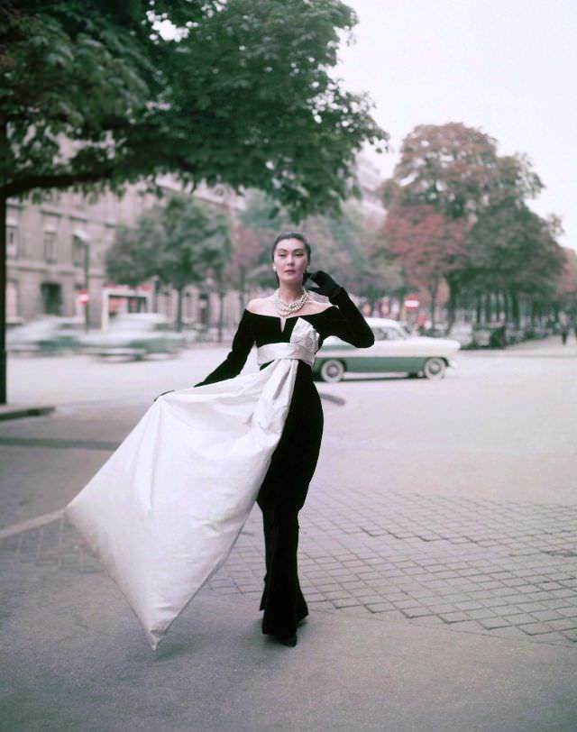 #30 Alla wearing the iconic evening gown designed by Yves Saint Laurent for Christian Dior, Paris, 1955