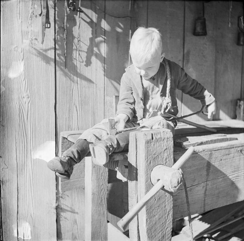 #31 Little boy sitting on tool workbench