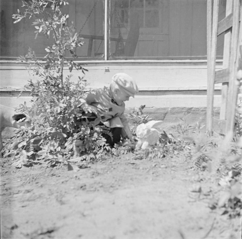 #5 Boy kneeling outside, wearing a coat and hat, next to a stuffed or paper-made bunny on Easter