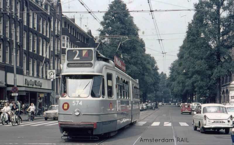 #2 GVB 574 on route 2 on his way to Hoofddorpplein terminus on detour, Bilderdijkstraat (crossing Kinkerstraat), Amsterdam, 1970
