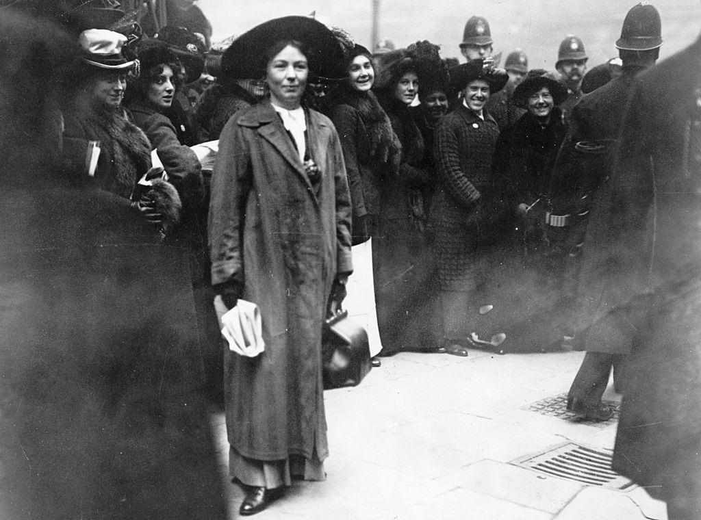 #22 Christabel Pankhurst taking part in a Suffragette protest outside Bow Street Police Station, 1908.