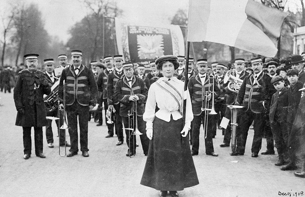 #23 Daisy Dugdale leading the procession to welcome Emmeline and Christabel Pankhurst, London, 1908.
