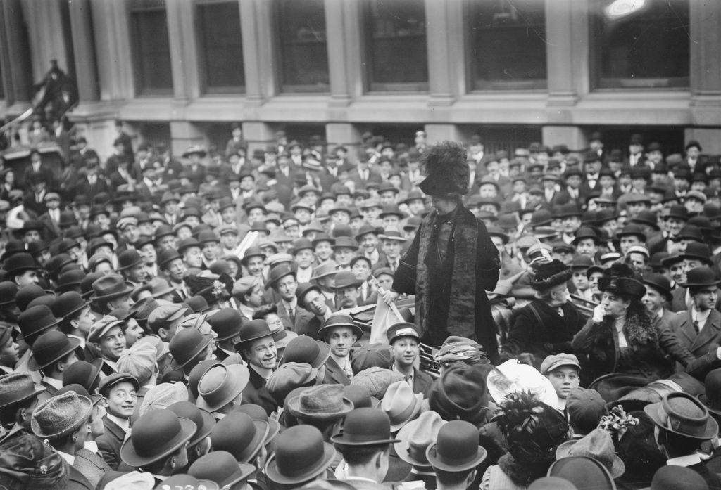 #46 Emmeline Pankhurst addresses a crowd on Wall Street, New York, November 1911.