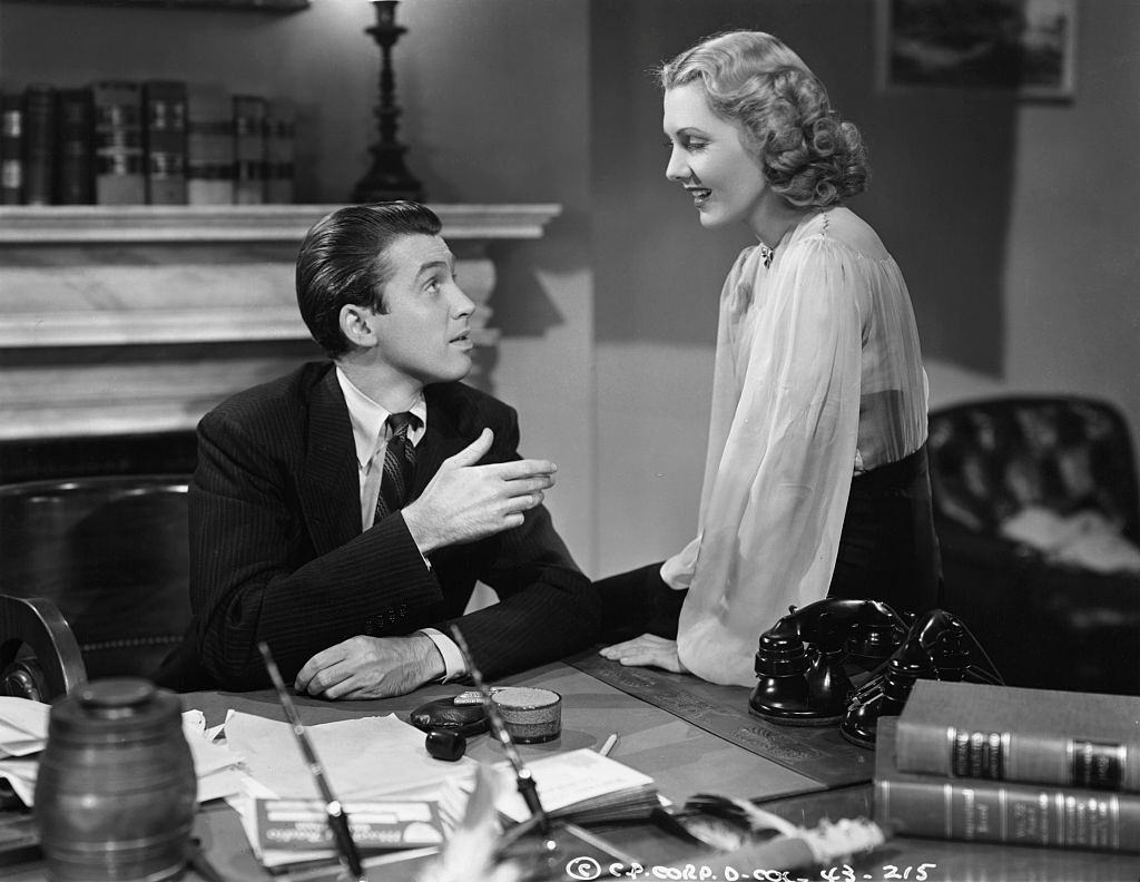 #40 Jean Arthur with James Stewart in a scene from the 1939 film ‘Mr. Smith Goes to Washington’.