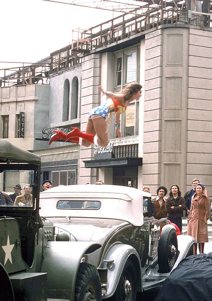 #25 Lynda Carter jumping, behind-the-scenes of Wonder Woman, 1976.