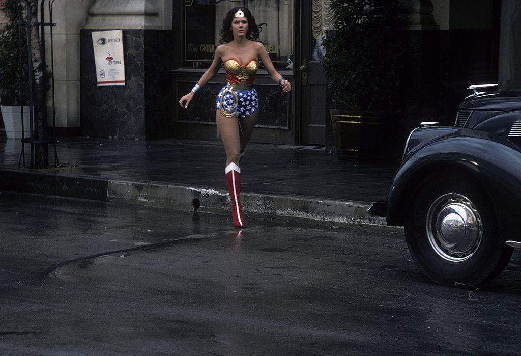 #67 Lynda Carter chasing a car in ‘The New Original Wonder Woman’, 1975.