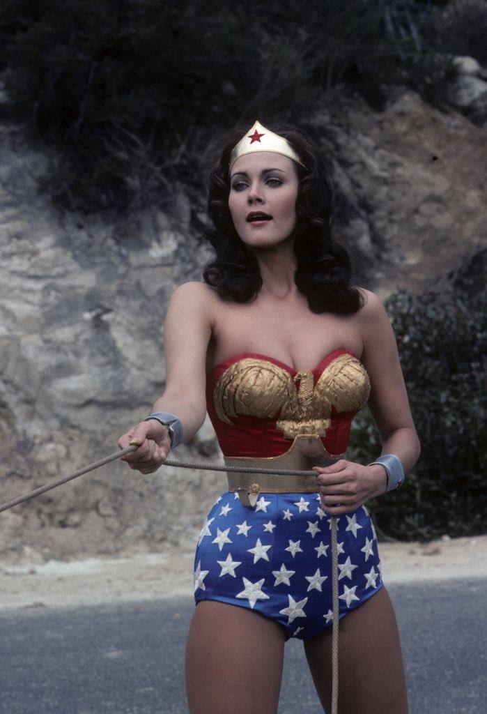 #6 Lynda Carter pulling a rope in ‘The New Original Wonder Woman’, 1975.