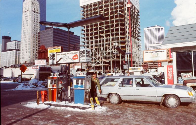 #11 Old gas station at 3rd Avenue and 10th Street, Downtown Minneapolis. Piper Jaffray Tower under construction, 1983