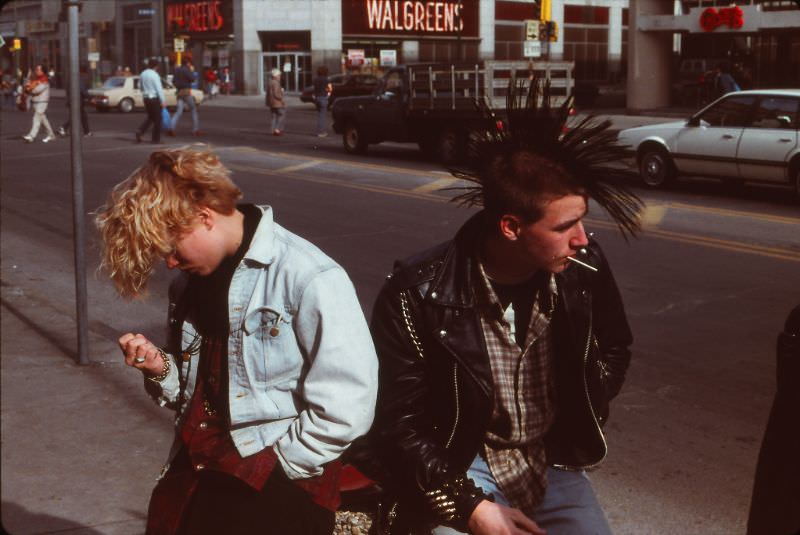 #5 Punks on Hennepin Avenue, in front of Hot Licks/Wax Museum record store, Minneapolis, March 1985