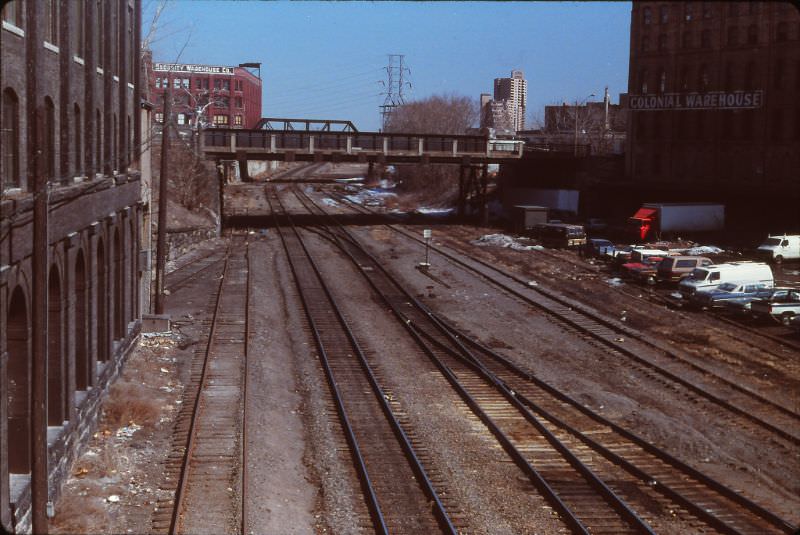 #2 Railroad tracks from Wash Ave Bridge, Warehouse District, Minneapolis, March 1985