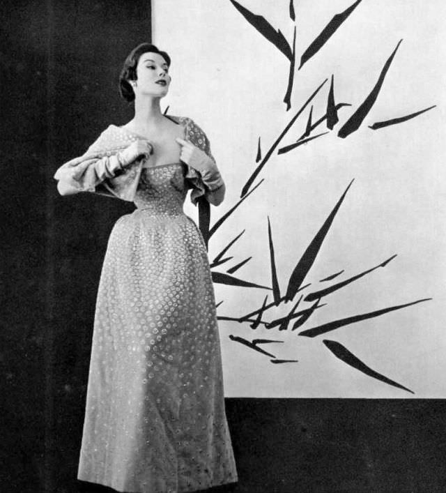 #11 Myrtle Crawford in beige velvet gown and stole embroidered with small glass beads and rhinestones by Christian Dior, 1953
