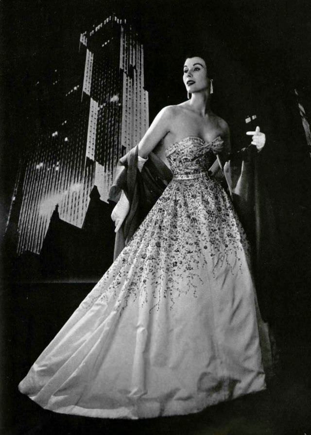 #14 Myrtle Crawford in embroidered evening gown by Pierre Balmain, 1953