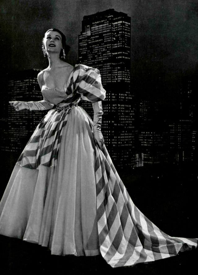 #17 Myrtle Crawford in evening gown by Schiaparelli, photo by Philippe Pottier, 1953