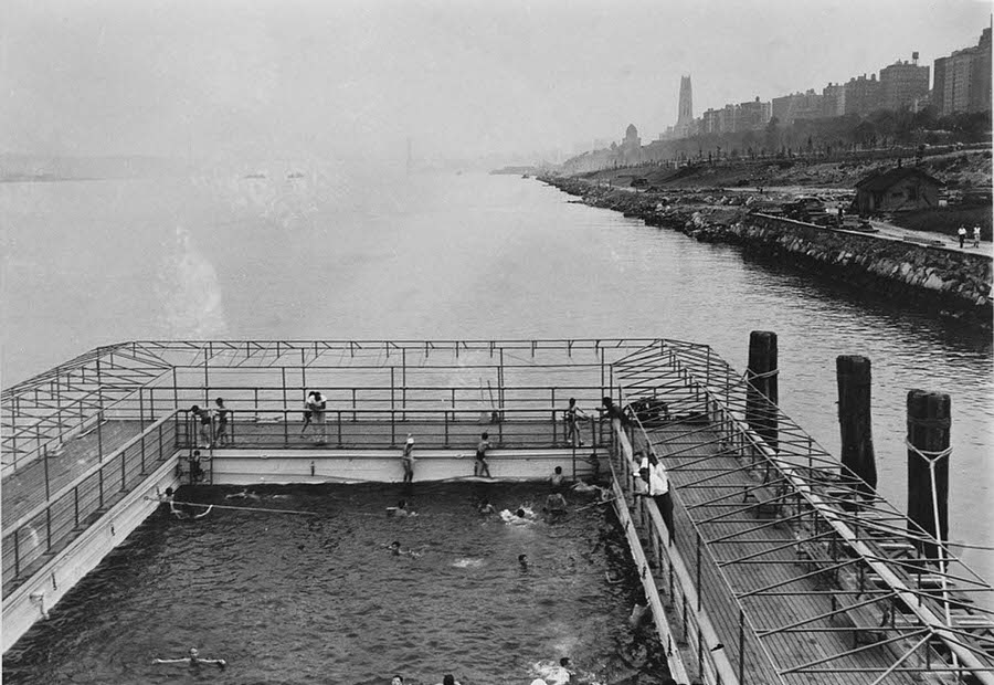 #20 Besides traditional pools in the city, there were also what were then called floating baths, like the one pictured above at 96th Street on the Upper West Side on August 19th, 1938.