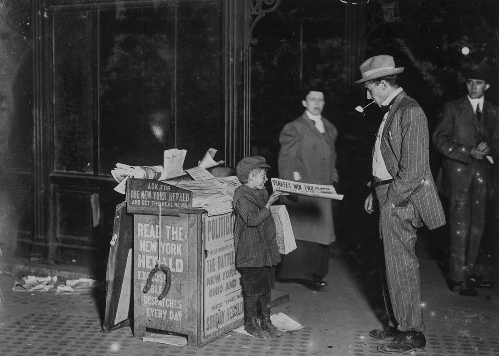 #20 Jerald Schaitberger of 416 West 57th Street, who helps an older boy sell papers until 10 p.m. on Columbus Circle, 1910