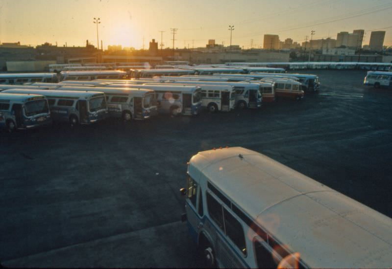 Sunset over San Diego Transit’s Imperial Avenue Division in summer 1976