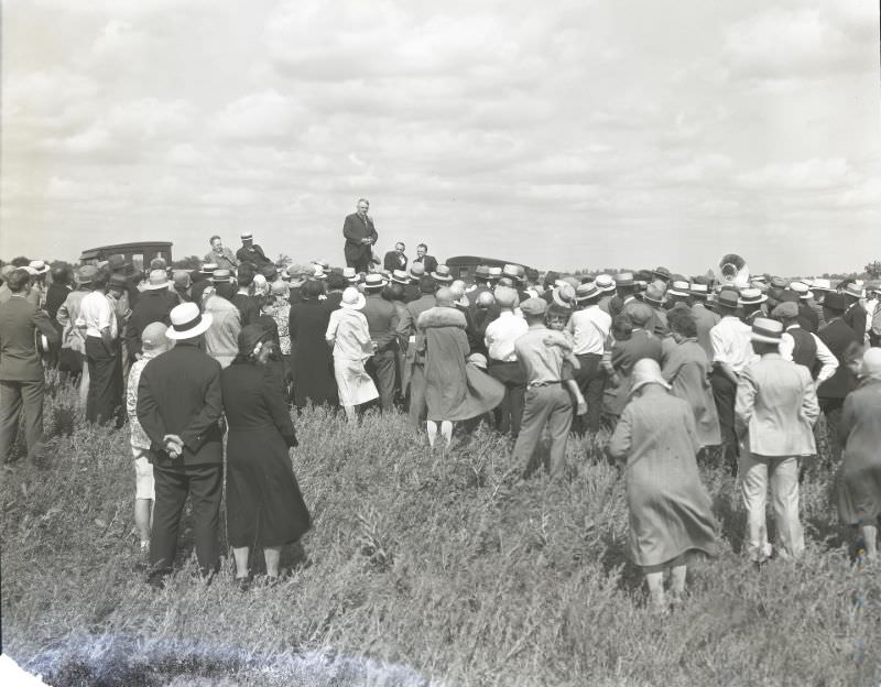 #30 A speaker addresses the crowd at the dedication of the new Castle Point subdivision at the corner of Halls Ferry and Chambers roads in north St. Louis County. June 1931