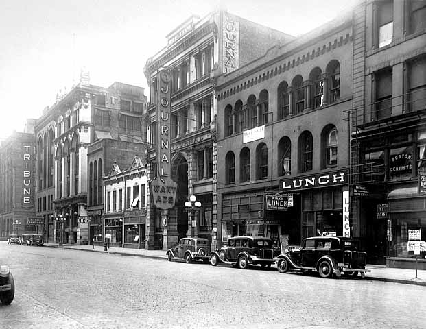#59 Newspaper row, Fourth Street south near Nicollet Avenue, Minneapolis, Minnesota, 1930s