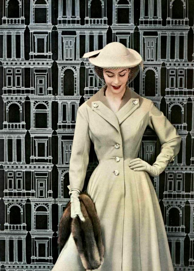 #17 Anne Gunning in woolen redingote with velvet collar by Jacques Fath, 1953