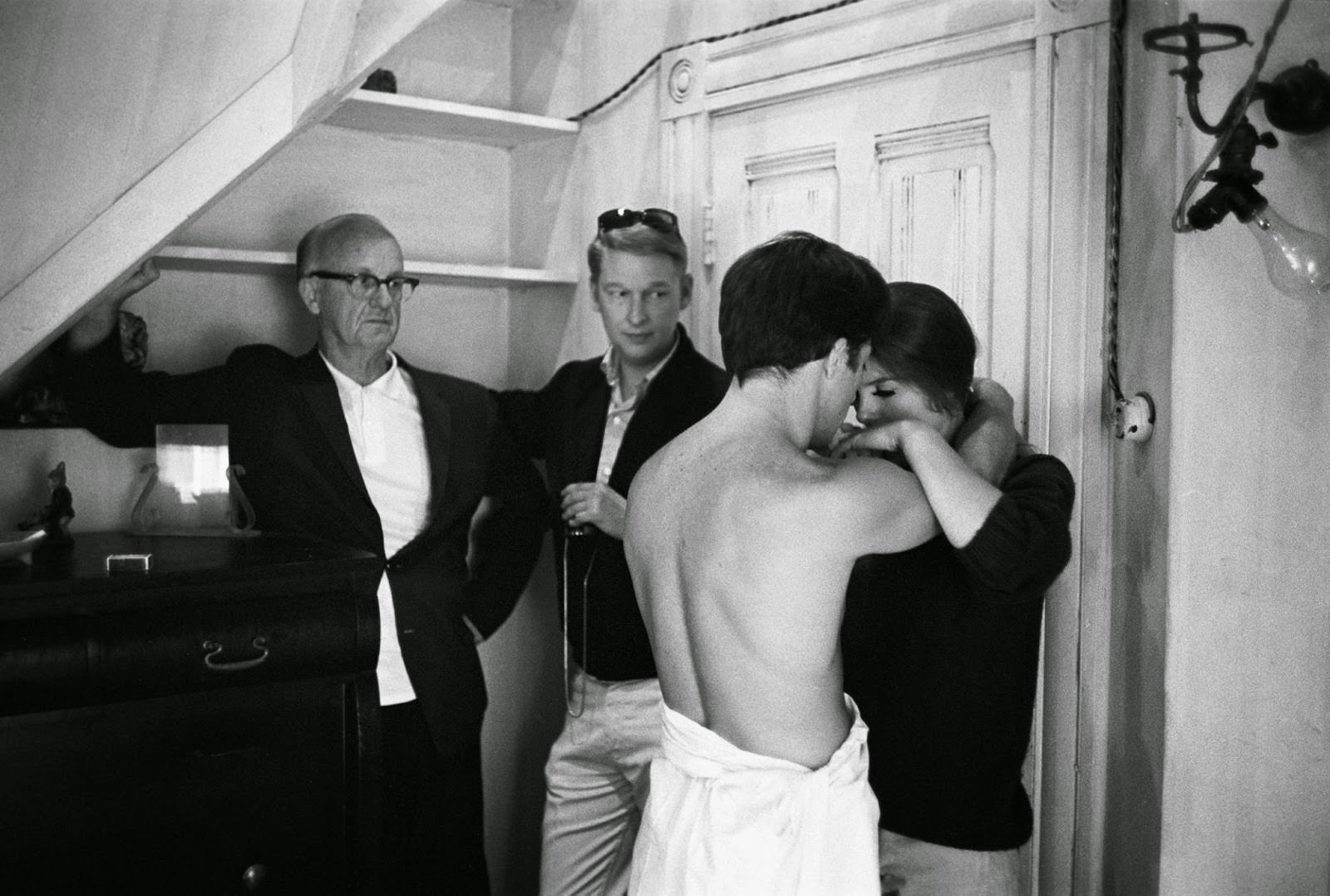 #4 Mike Nichols on his rehearsal set of “The Graduate,” with cinematographer Robert Surtees, Dustin Hoffman and Katharine Ross, 1967