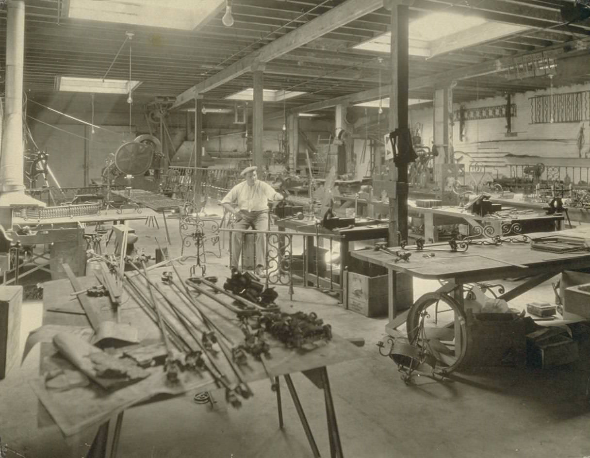 #82 Interior of manufacturing area. Liberty Ornamental Iron & Wire Works, 1920s.