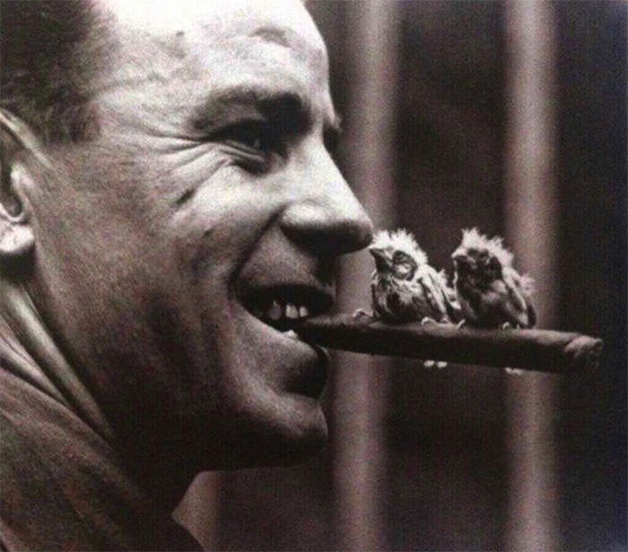 #45 An officer holds a cigar with two canaries perched on it, 1918