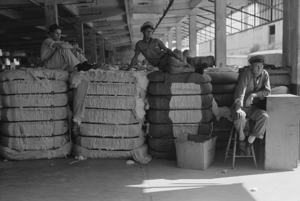 #34 Loading bale of cotton onto hand truck at platform. Cotton compress, 1930s