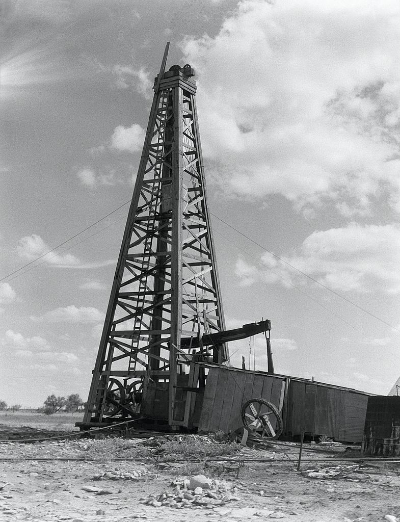#10 Oil well with wooden derrick, near Houston, Texas.