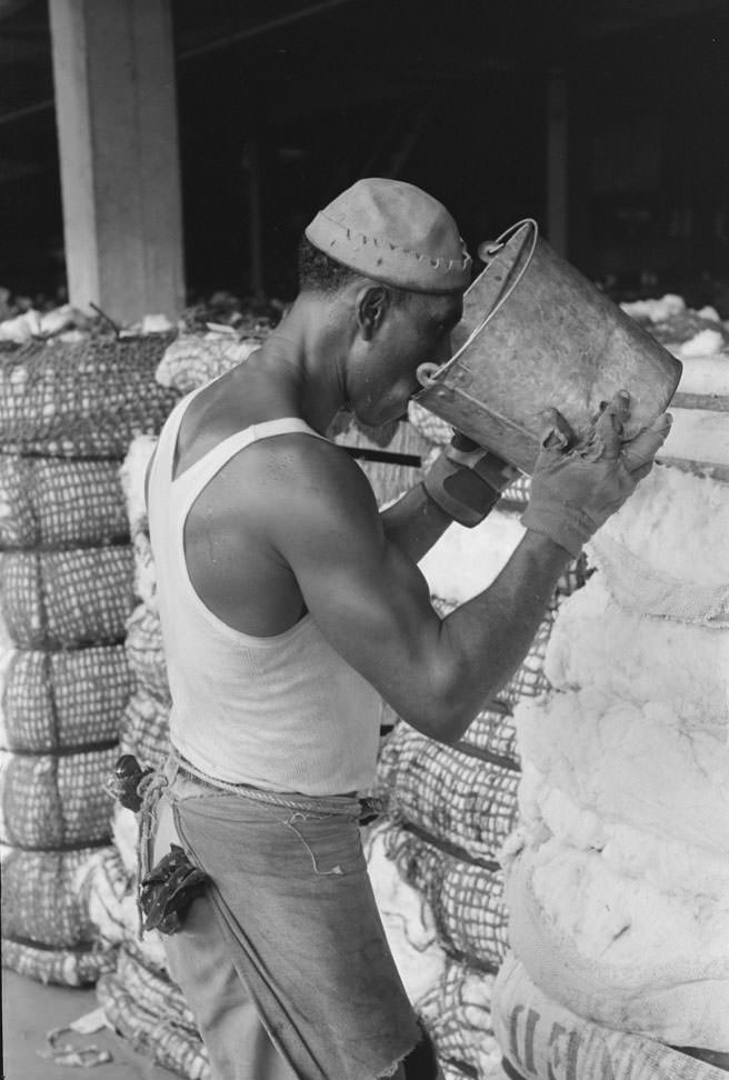 #27 A worker at cotton compress taking a drink of water from bucket, Houston, 1930s.