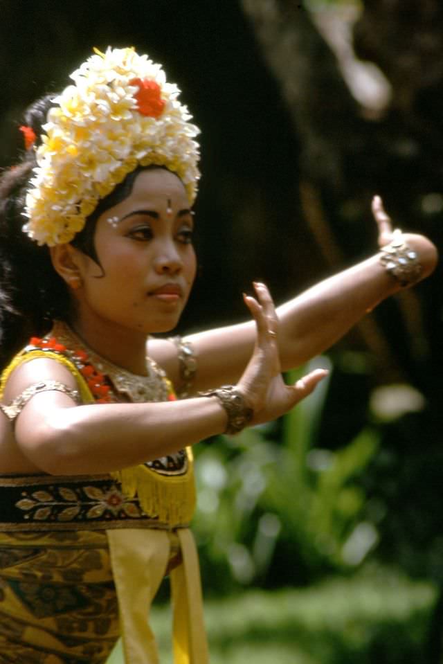 #66 Close-up of pretty Balinese dancer at Kuta Beach, 1970s