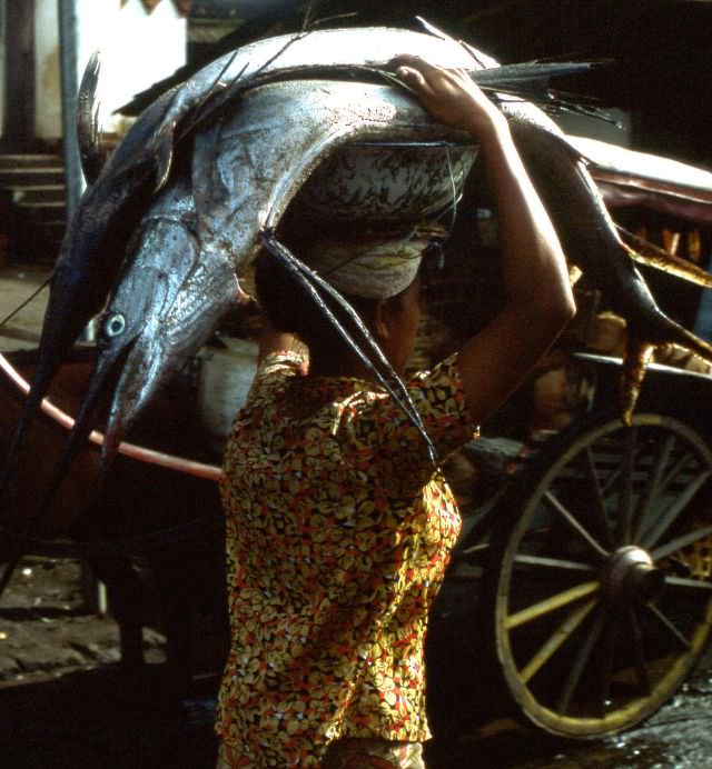 #76 Balinese woman carrying not one but two swordfishes on her head to a market near Kuta one morning, 1970s