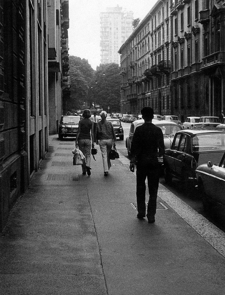 #94 People walking in via Leopardi. Milan, 1960s.
