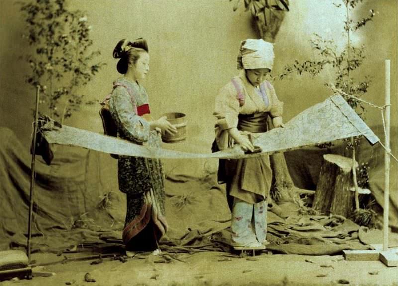 #29 Treating the fabric in old Japan. Rice paste, brush, and stenciled designs