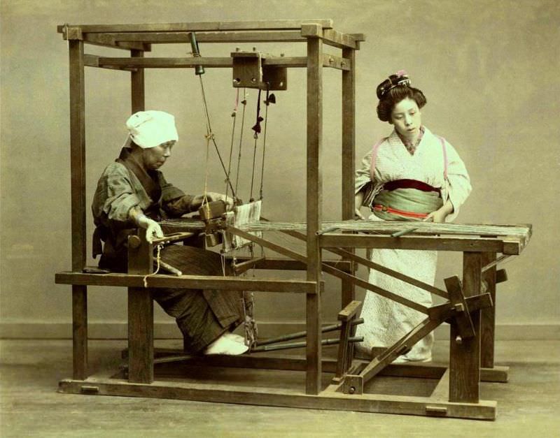 #31 Two women at a loom in old Japan