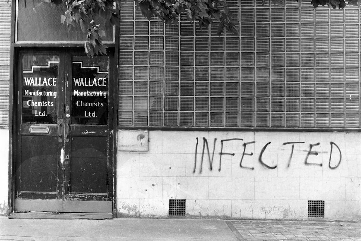 #12 Wallace, chemists, Infected, graffiti, Netherwood St, Kilburn, Camden, 1998