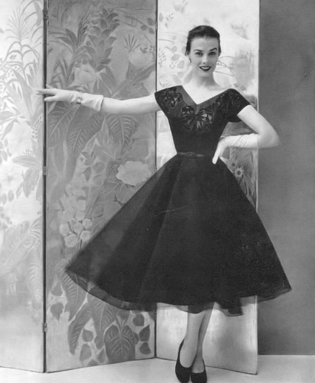 #19 Lillian Marcuson in tulle party dress with full skirt, 1951