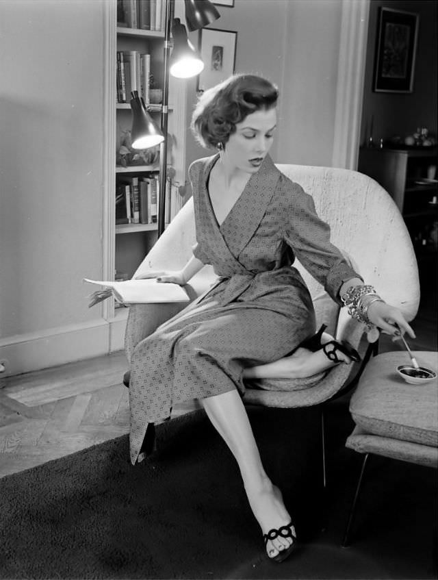 #28 Lillian Marcuson in silk Brooks Brothers robe, 1954